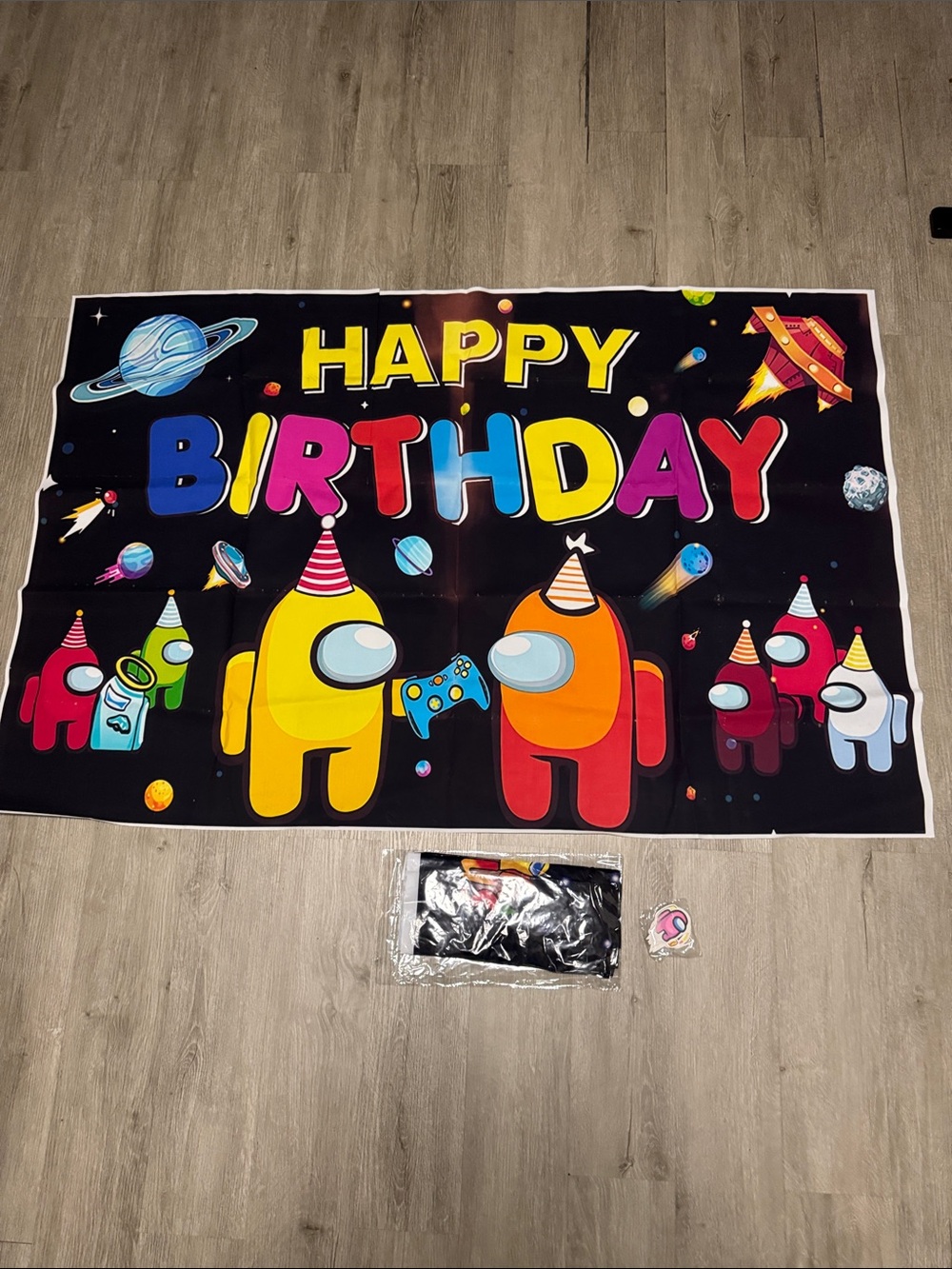 Space Crew Happy Birthday Party Backdrop - Black with Yellow & Orange Characters